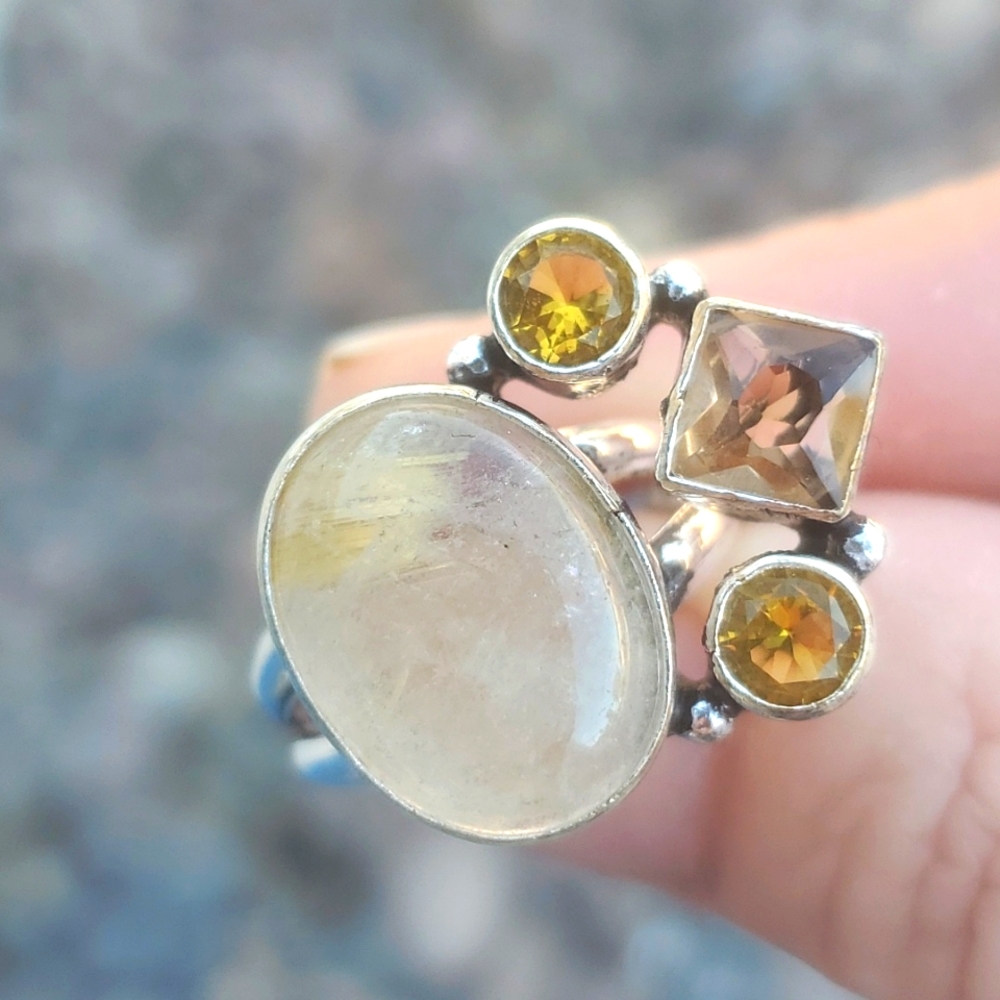 New Golden Rutile, Morganite and Citrine Silver Ring.